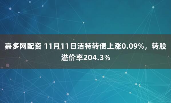 嘉多网配资 11月11日洁特转债上涨0.09%，转股溢价率204.3%